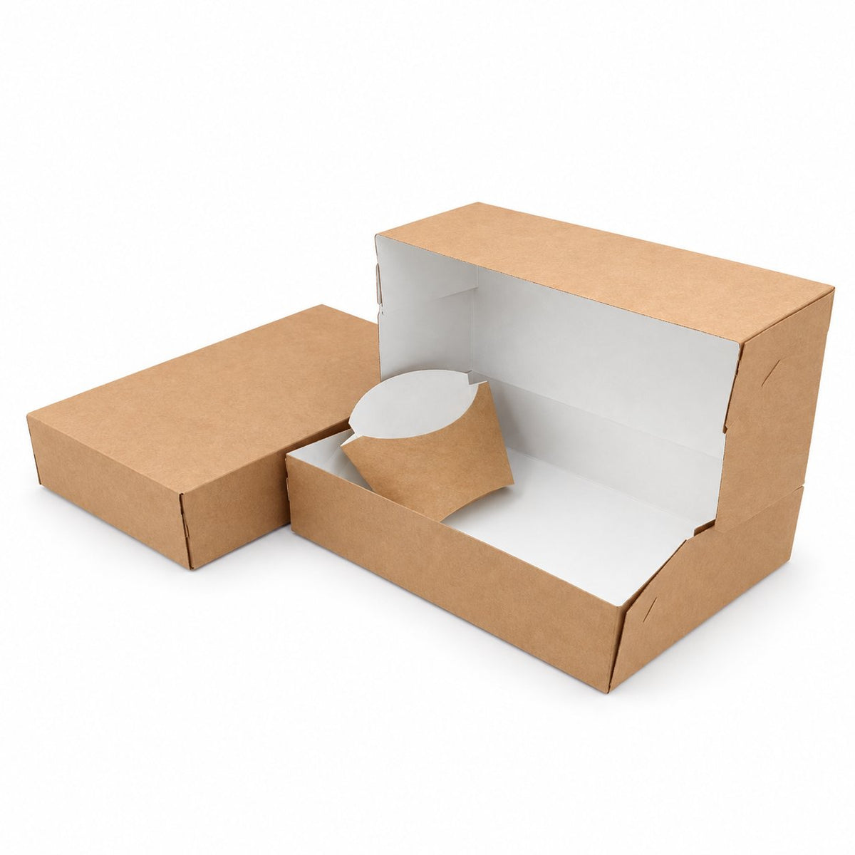 Boîte Menu kraft restaurant – Pack de 50 | 23x16x8 cm | Burger, sandwich, tacos + frites — vue produit sur fond blanc
