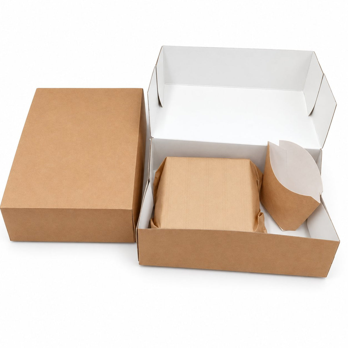 Boîte Menu kraft restaurant – Pack de 50 | 23x16x8 cm | Burger, sandwich, tacos + frites — vue produit sur fond blanc