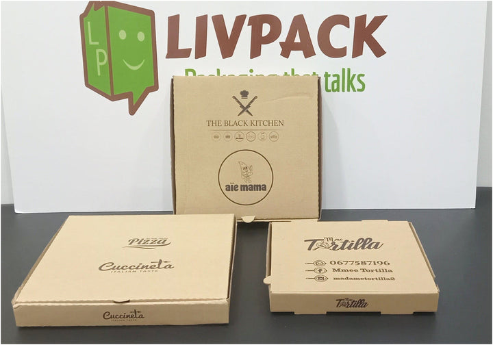 Caja de pizza kraft personalizada con logo, tamaños de 26 a 40 cm