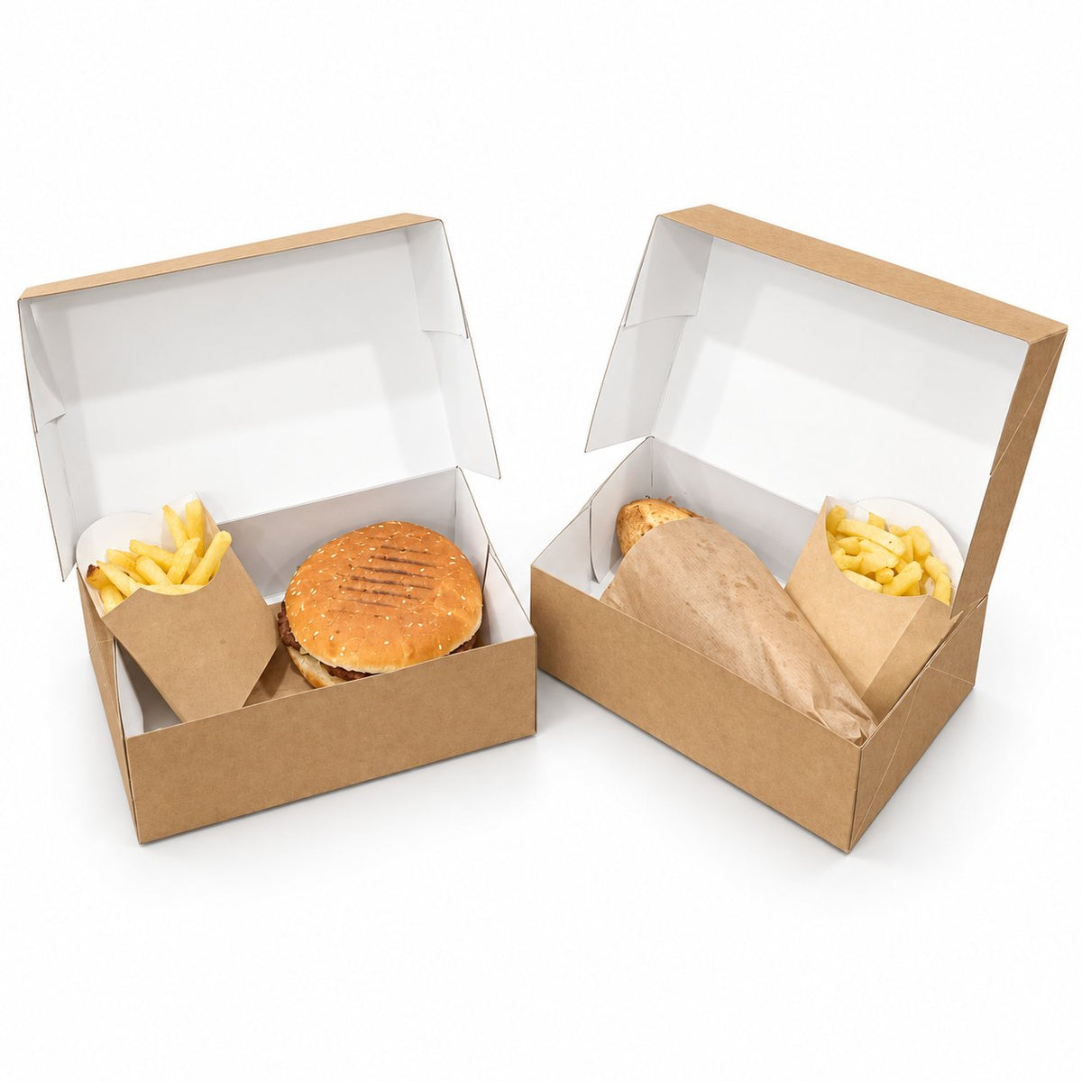 Boîte Menu kraft restaurant – Pack de 50 | 23x16x8 cm | Burger, sandwich, tacos + frites — vue produit sur fond blanc