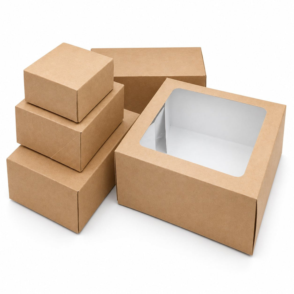 Standard kraft boxes with windows on a white background