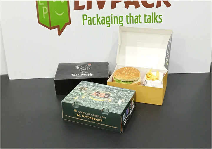 Caja de menú con logo para hamburguesa y patatas