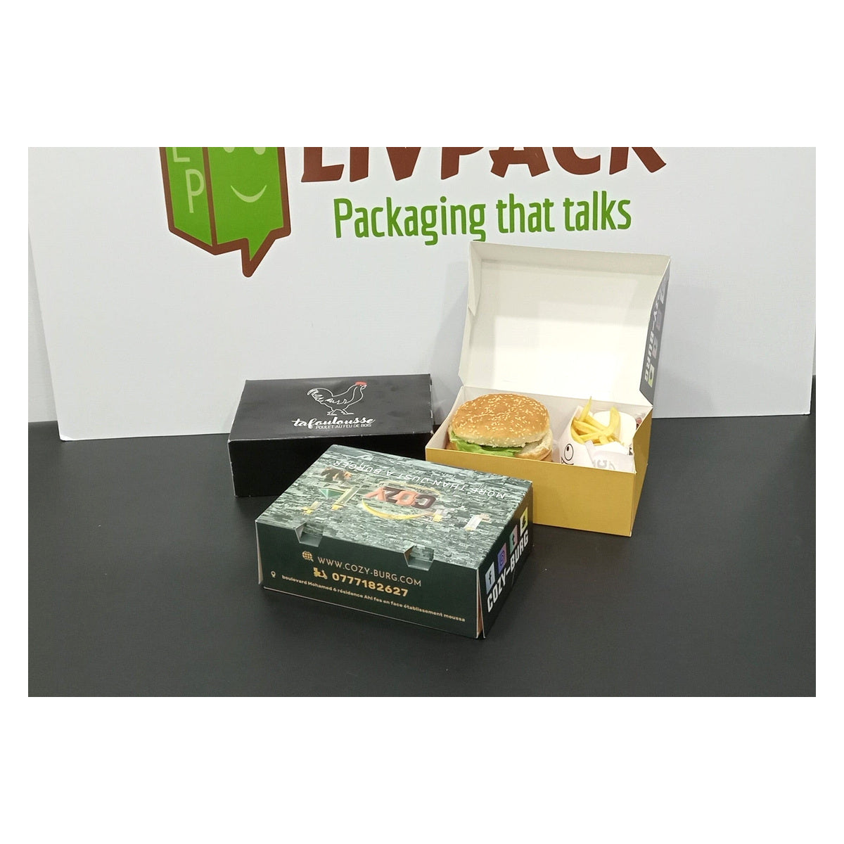 Boîte menu personnalisée avec logo – format burger + frites