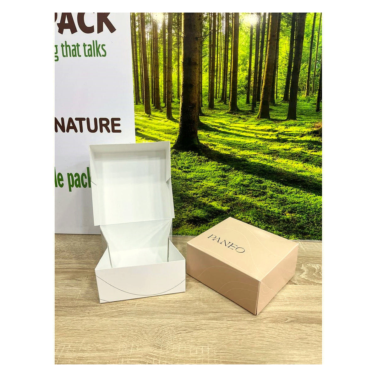 Custom pastry box shown open and closed, with a printed logo