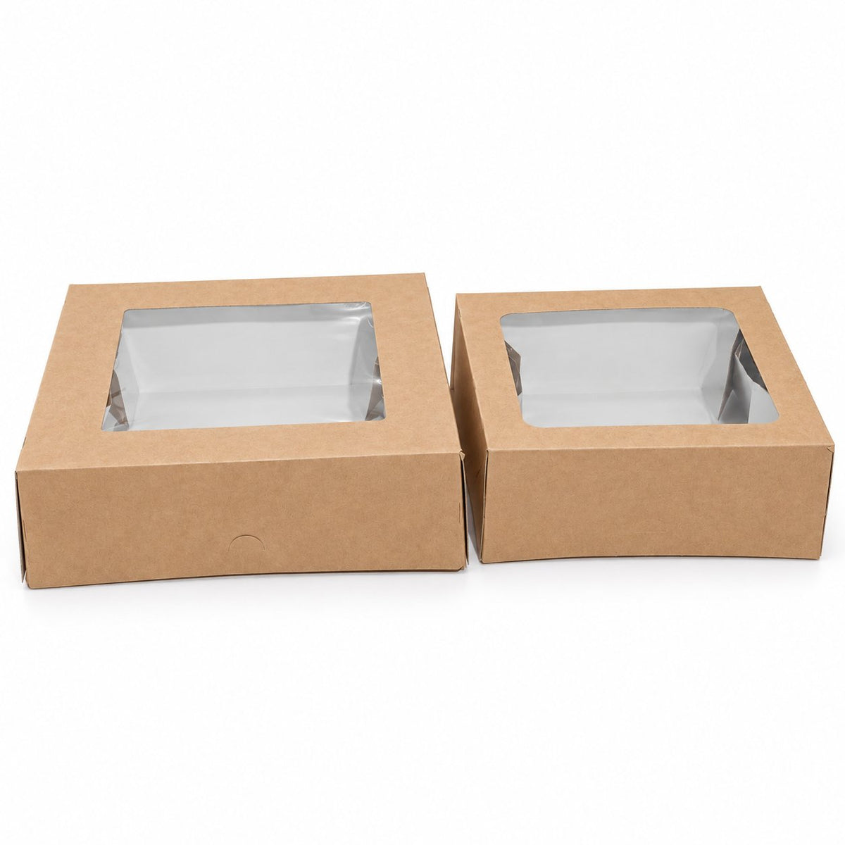 Standard kraft boxes with windows on a white background