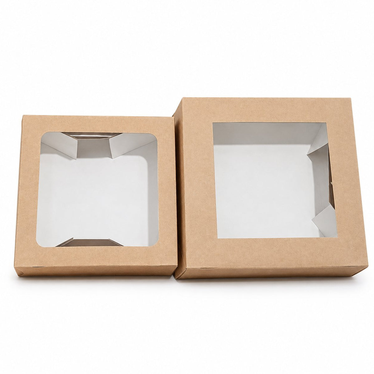 Standard kraft boxes with windows on a white background