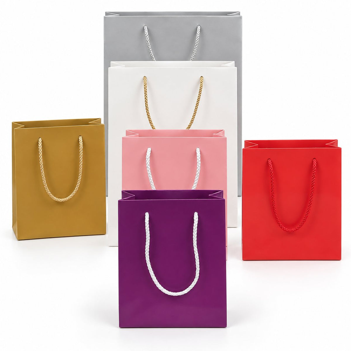 Pack 100 Sacs Boutique Colorés Cartonnés – 4 Tailles Disponibles – Livraison Rapide & Personnalisation — vue produit sur fond blanc