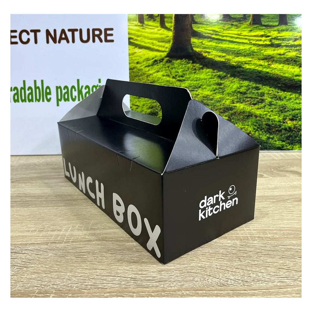 Boîte mallette avec poignée intégrée en carton CKB noir personnalisée pour restauration et pâtisserie