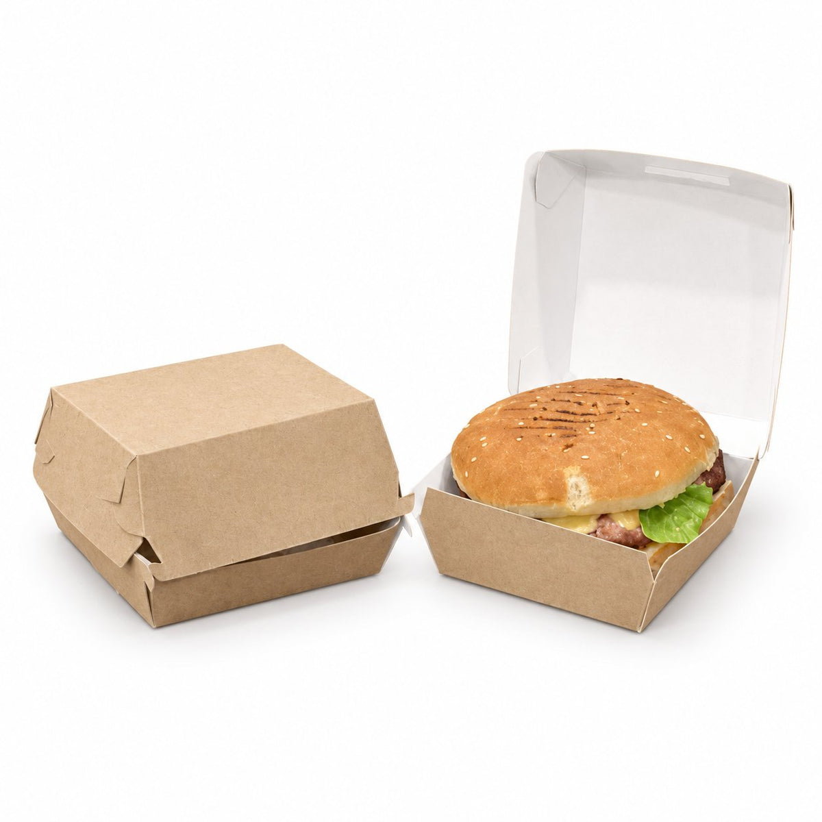 Pack 100 Boîtes Burger Kraft Standard – 2 Tailles Disponibles – Livraison Rapide — vue produit sur fond blanc