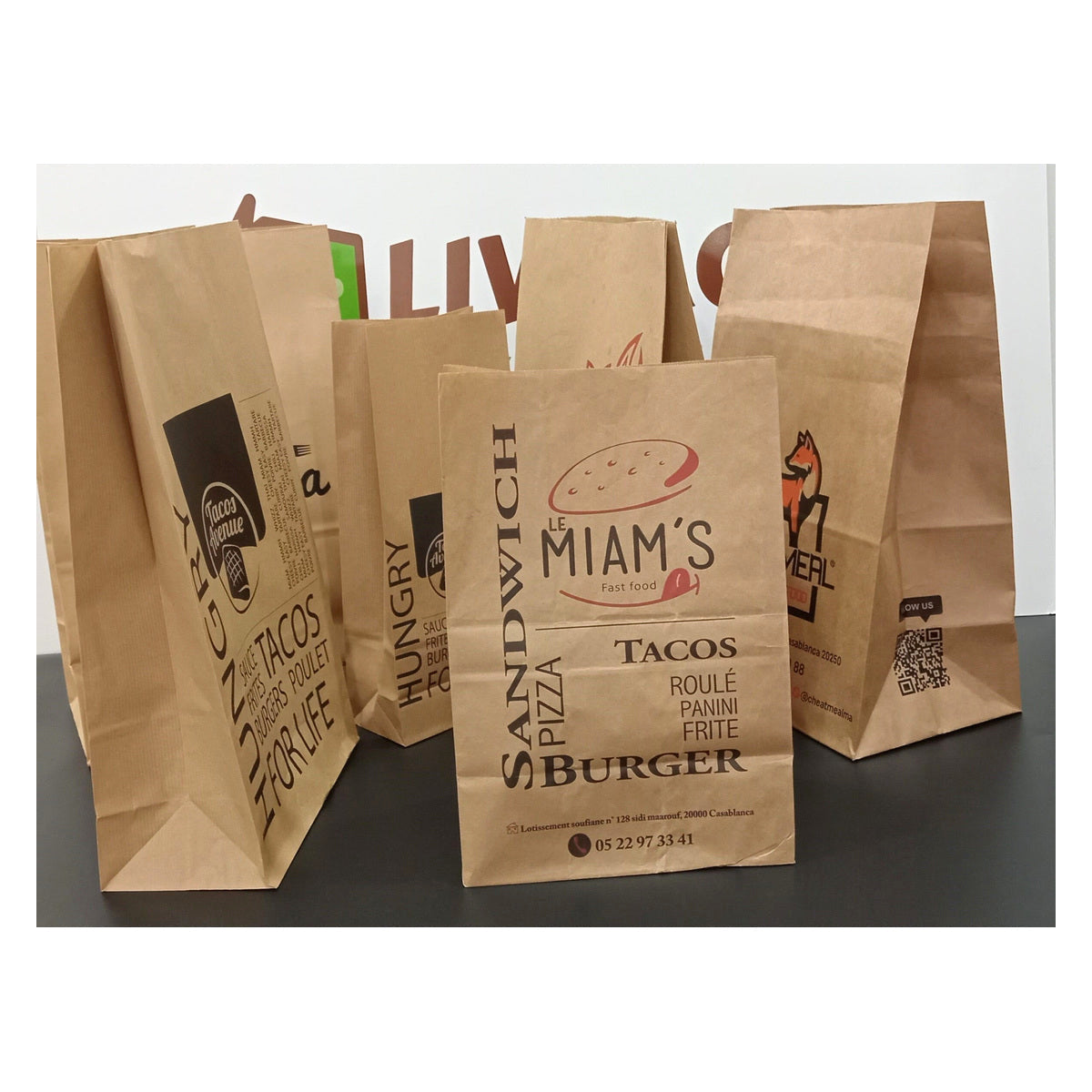 Custom brown kraft square-bottom SOS bags with logo printing