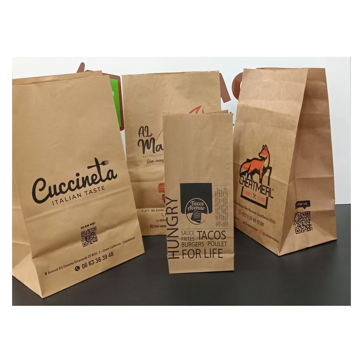 Printed brown kraft SOS bags for restaurants and fast food