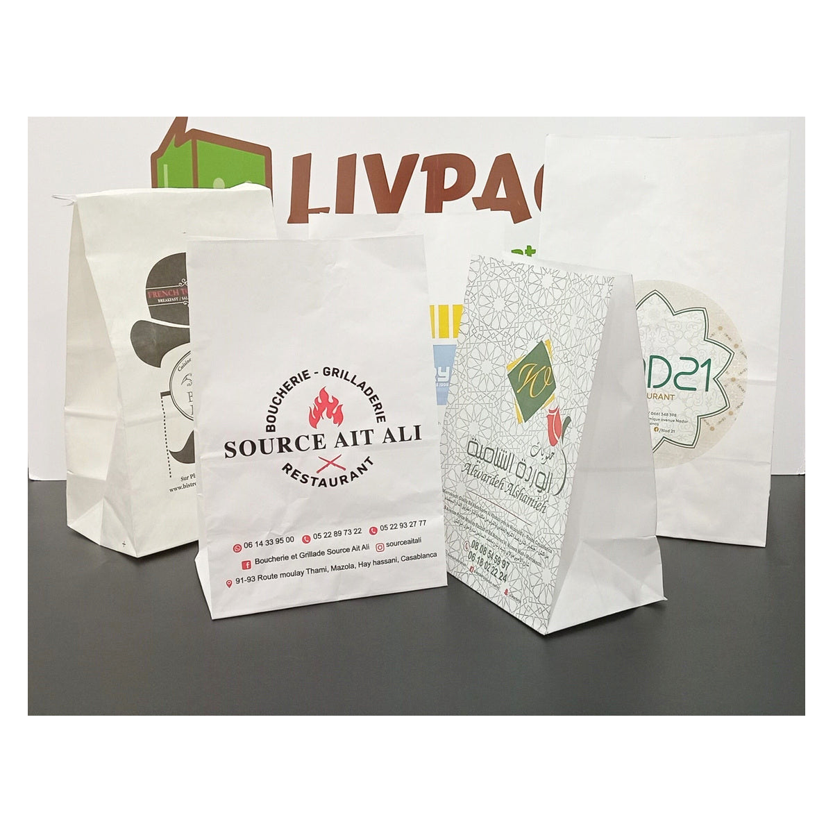 Custom white kraft square-bottom SOS bags with printed restaurant logos