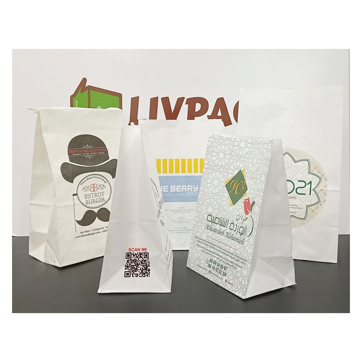 White kraft takeaway SOS bags with custom logo printing