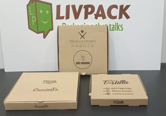 Caja de pizza Kraft personalizada con logotipo – 26 cm / 29 cm / 31 cm / 40 cm – Mínimo 5000 unidades