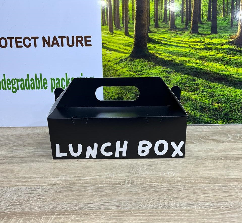 Boîte mallette avec poignée intégrée en carton CKB noir personnalisée pour lunch box et vente à emporter
