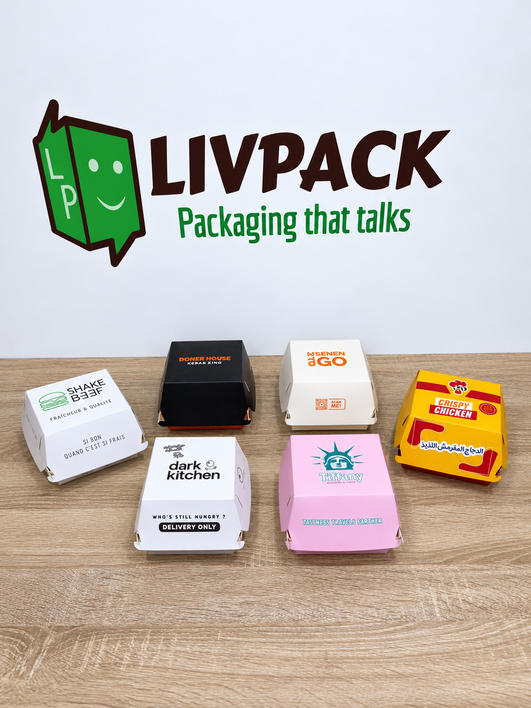 Boîtes burger personnalisées avec logos et impressions en couleur – réalisations Livpack Packaging au Maroc