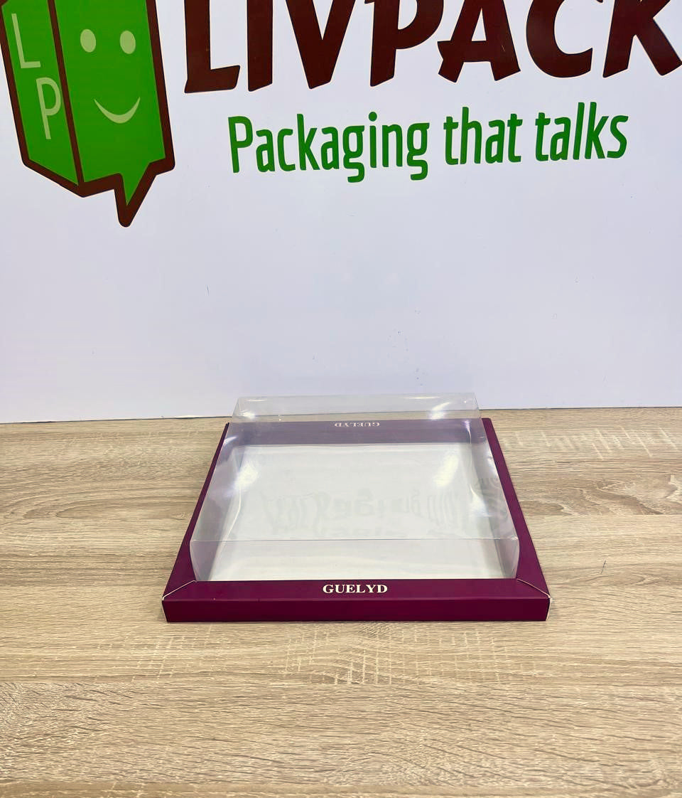 Plateau pâtissier carré personnalisé 26,5 × 26,5 × 2 cm avec couvercle plastique transparent