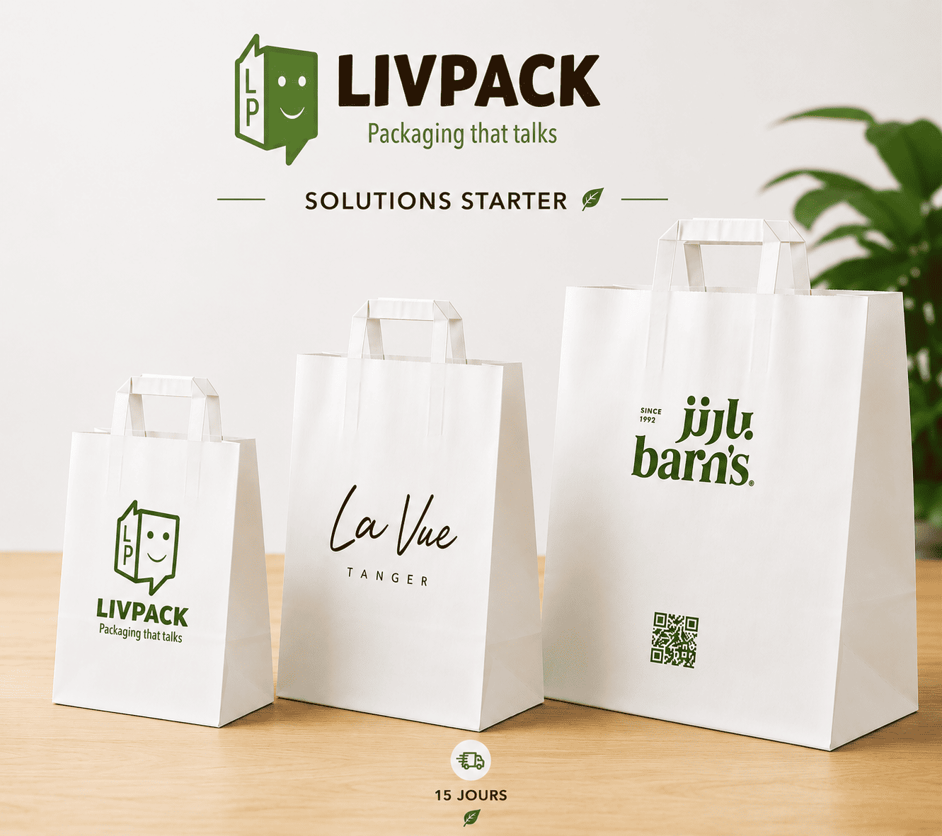 Sachet cabas personnalisé kraft blanc avec poignée – Solution Starter livraison rapide 15 jours – LIVPACK