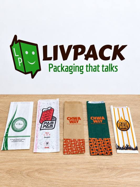 Sachets sandwich personnalisés LIVPACK : exemples imprimés en kraft blanc et écru 40 g/m²