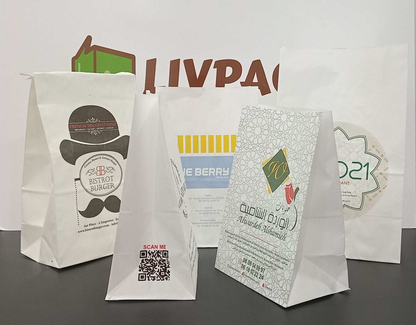 Sachets SOS personnalisés kraft blanc pour vente à emporter – Impression logo et personnalisation Premium